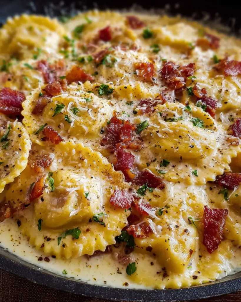 Creamy Olive Garden Ravioli Carbonara Skillet is a delight! - Tasty Delice