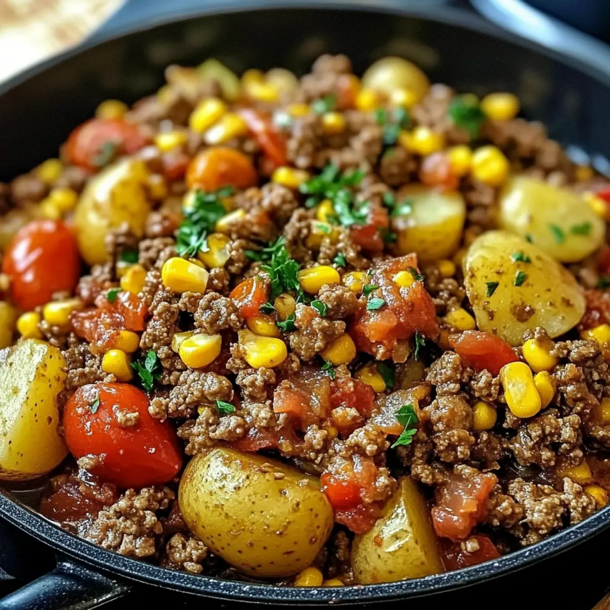 Hamburger Meat, Corn, Potatoes, and Tomatoes Skillet