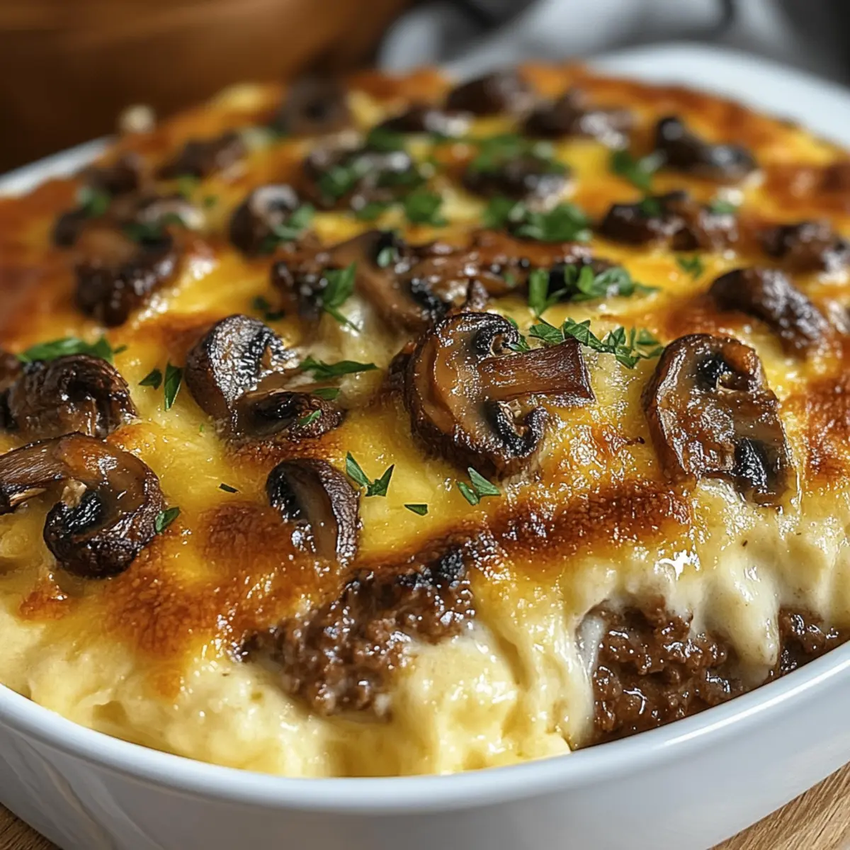 Cheesy Mushroom Hamburger Bake