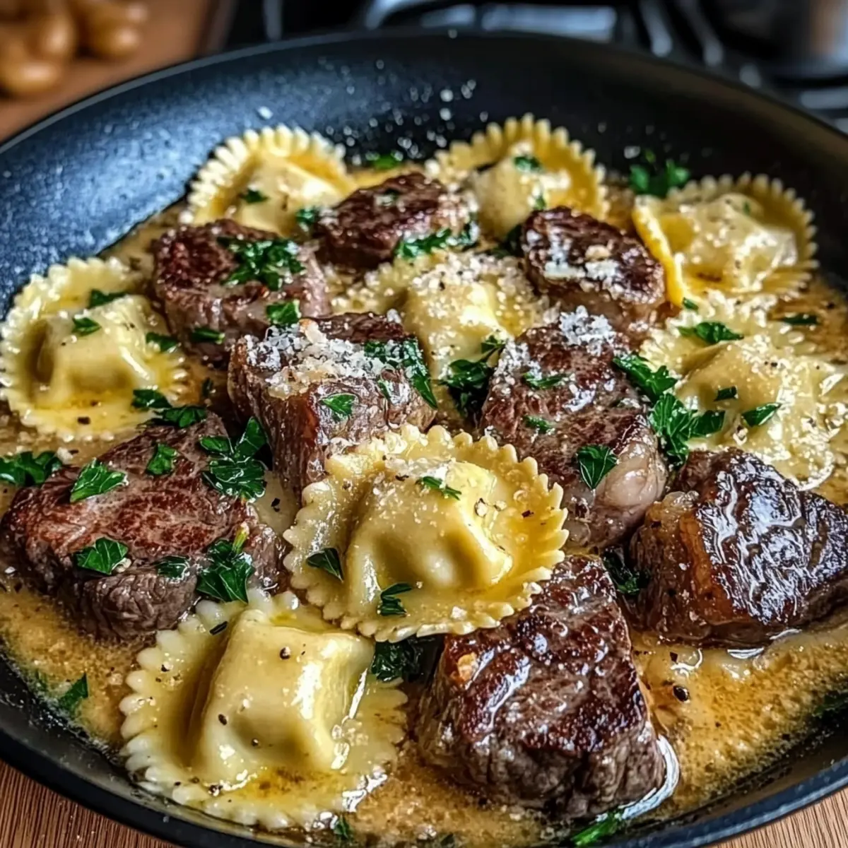 One-Skillet Garlic Butter Steak & Cheese Ravioli