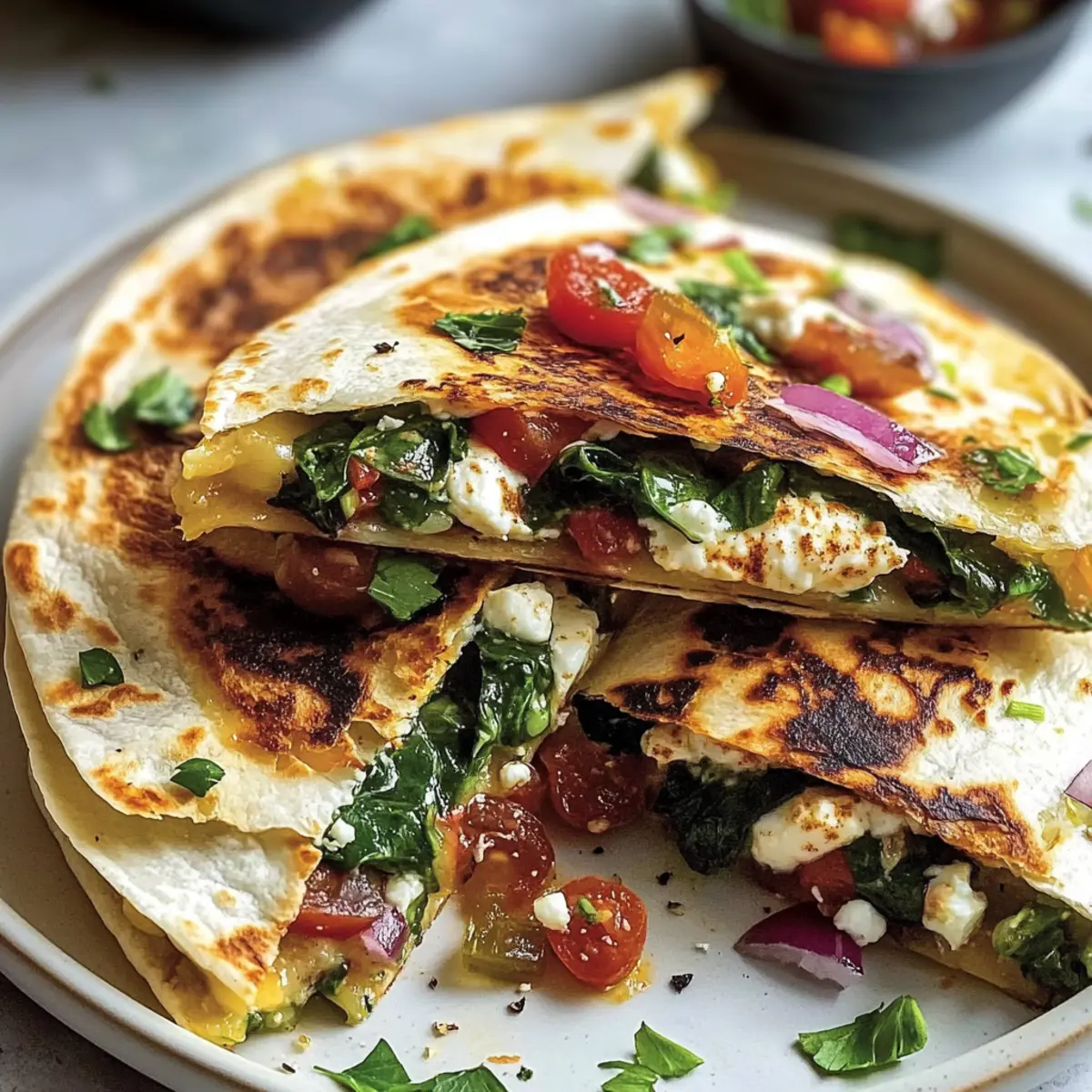 Mediterranean Quesadillas with Spinach, Feta, Mozzarella, and Red Onion