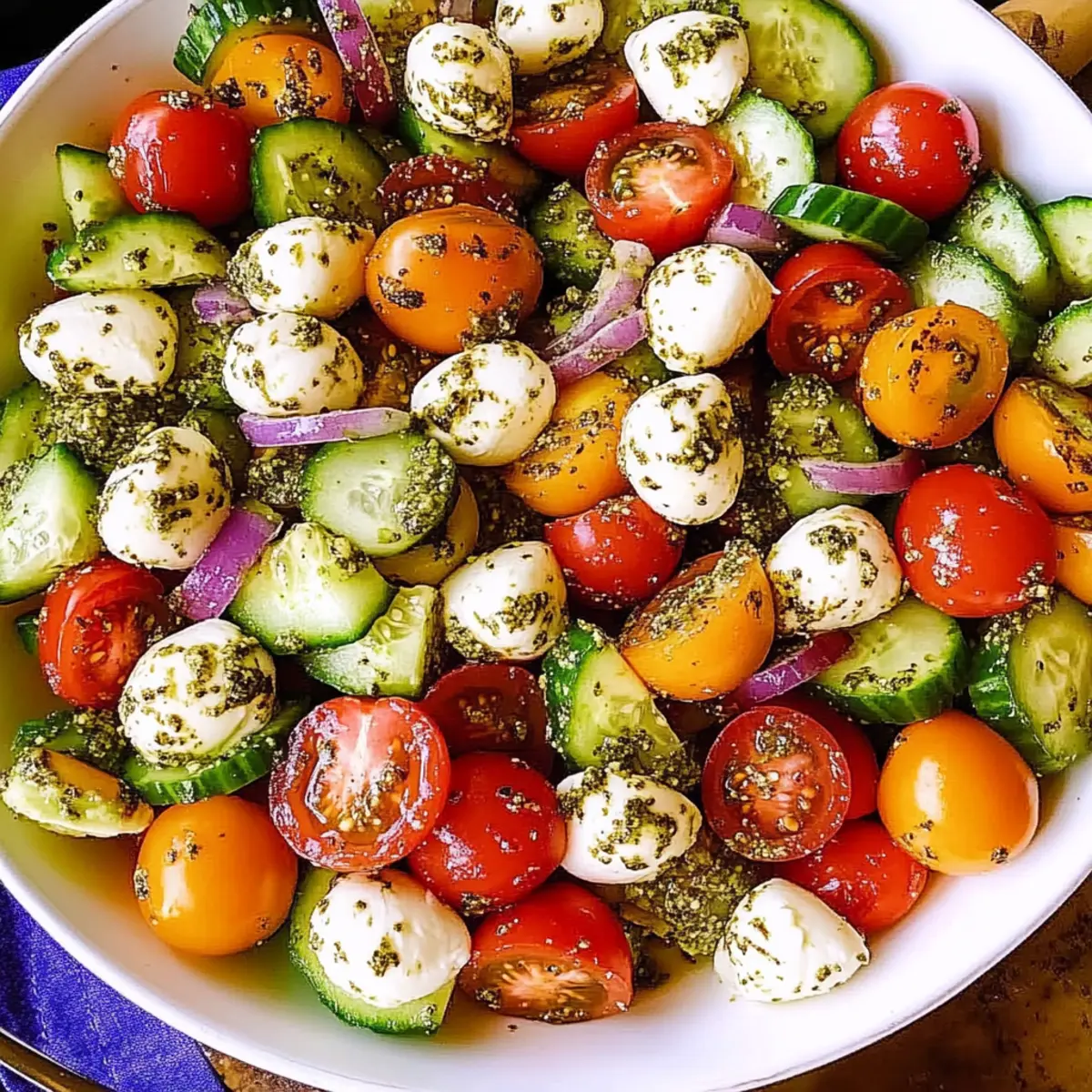 Tomato Cucumber Avocado Salad with Mozzarella and Basil Pesto