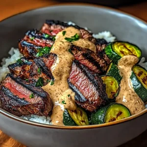 Grilled Steak Bowl with Creamy Sauce & Grilled Zucchini