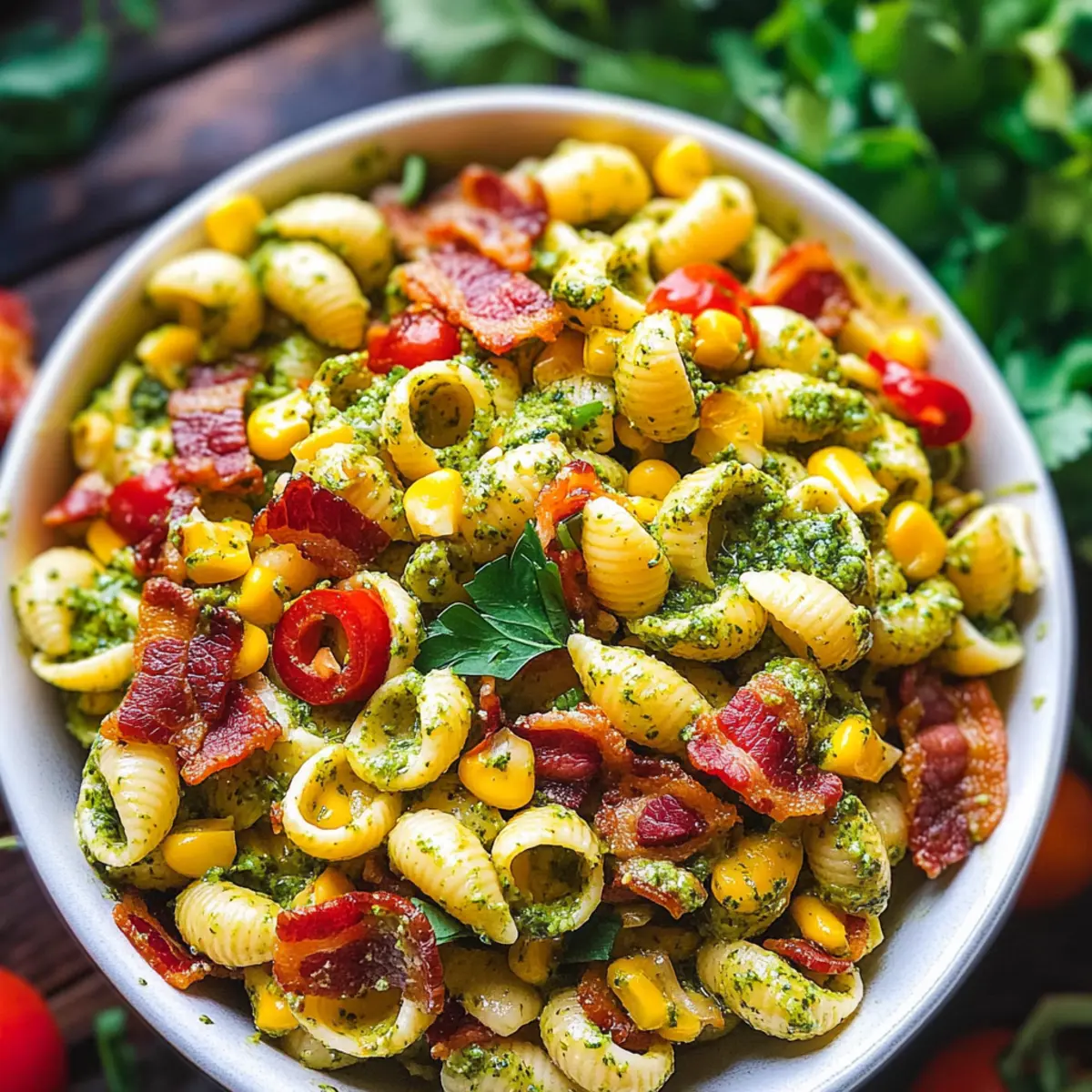 Corn Pasta Salad with Bacon and Creamy Pesto Dressing